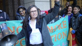 Immigrant rights activist Maru Mora Villalpando speaks to supporters after an initial court hearing on her deportation case.