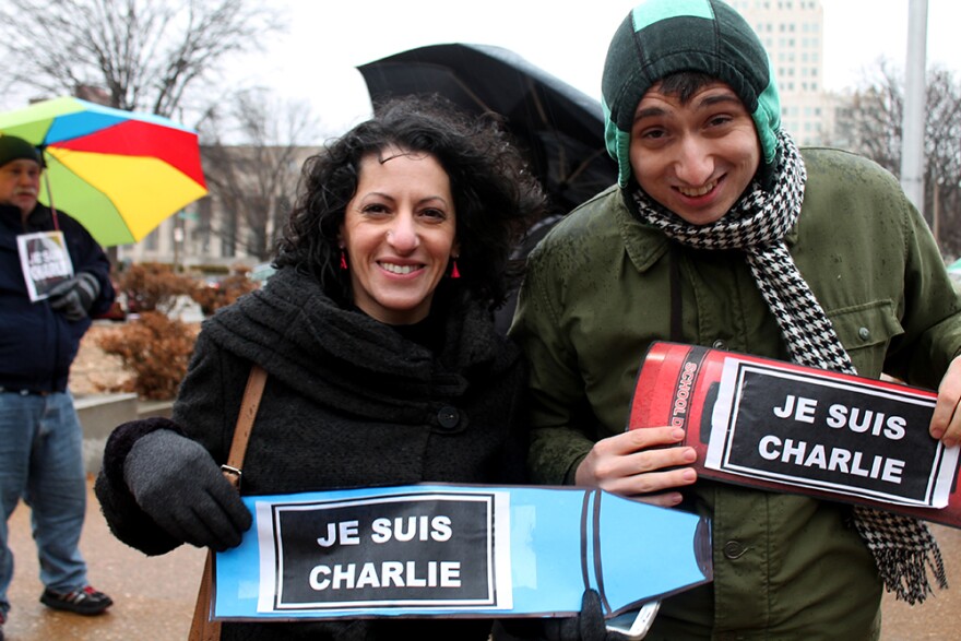 Habiba Kasper and her coworker Michael Desnivic at the Charlie Hebdo vigil Sunday, January 11, 2015.