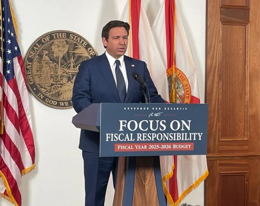 Gov. Ron DeSantis, shown releasing his proposed budget, wants a state “DOGE” to look for waste in government.