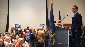 Gov. Josh Shapiro (right, at podium) spoke to nearly 400 people at the Penn Stater in State College Saturday morning. Shapiro and other Democrats are rallying voters ahead of this year's midterm elections. 
