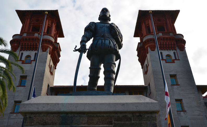 A statue of Pedro Menéndez de Avilés, the founder of St. Augustine, stands outside the Lightner Museum.
