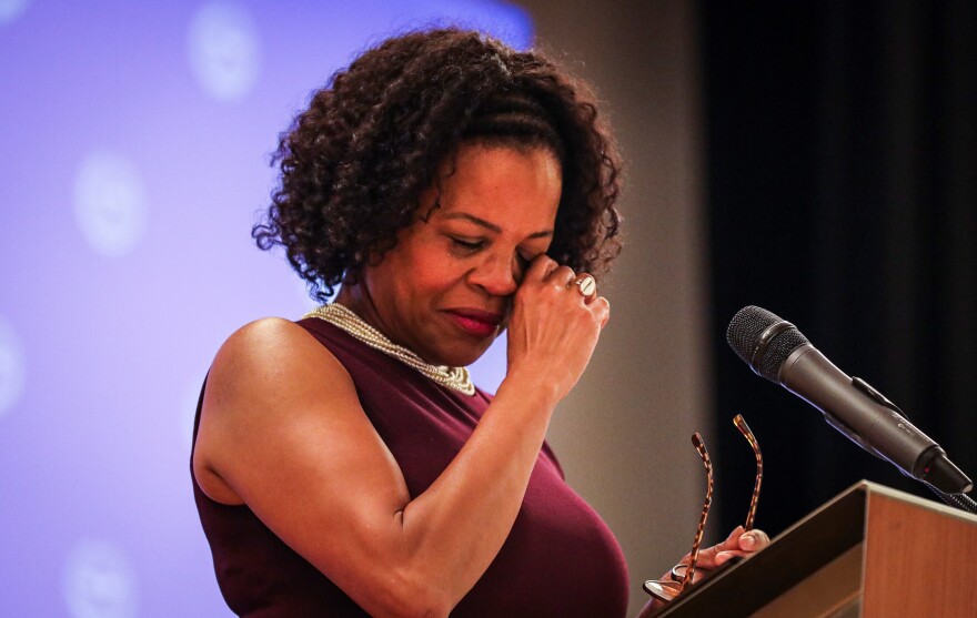 Mayor Kim Janey wipes away tears as she delivers a farewell address in Roxburys Hibernian Hall in Boston, marking her historic term as the first woman and first Black mayor of Boston on Nov. 10.