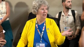 Harrisonburg City Council member Laura Dent speaks with a group during COP30.