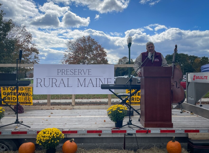 State Rep. Scott Cyrway, a Republican from Albion, at a rally Saturday, Oct. 14, 2023, criticizes the proposed power line that would bring electricity from Aroostook County to central Maine.