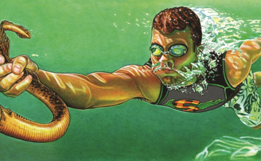 Painting of a boy grabbing a sea lamprey by Mark Heckman.