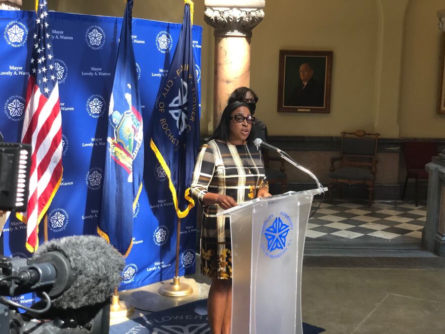 Mayor Lovely Warren at Sunday's news conference at City Hall.
