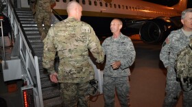 Idaho National Guard commander Maj. Gen. Gary Sayler, Command Sgt. Maj. Kenneth Downing and Idaho Army National Guard Commander Brig. Gen. John Goodale offered each soldier their best wishes as the soldiers boarded the charter airline flight.