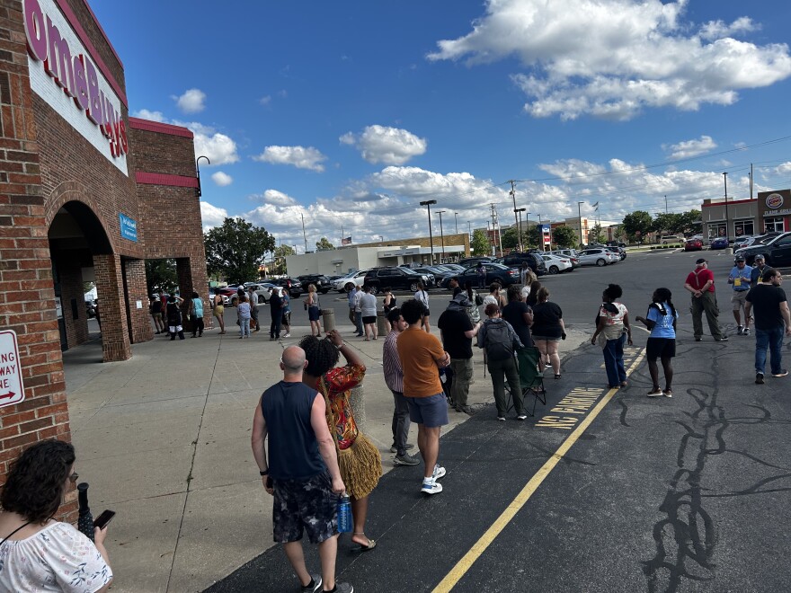 A line of voters waiting to cast early ballots in Franklin County snaked past other buildings adjacent to the early voting center on Aug. 6, 2023, the last day to cast in-person absentee ballots for the Aug. 8 special election.