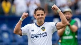 LA Galaxy forward Javier Hernandez reacts to fans after the Galaxy defeated Nashville SC in an MLS playoff soccer match, in Carson, Calif., Oct. 15, 2022.