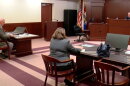 Attorneys for Capitol News Illinois, left, and the Illinois Attorney General’s office speak to Sangamon County Judge Jack Davis II during a hearing on Sept. 9, 2026.