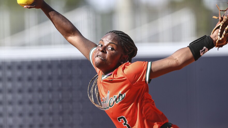 Florida A&M starting pitcher Cris'Deona Beasley (3) during an NCAA softball game against Campbell on Friday, Feb. 11, 2022 in Jacksonville, Fla. (AP Photo/Gary McCullough)