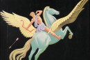Book cover of Mythology by Edith Hamilton, featuring a man riding a winged horse against a black background.