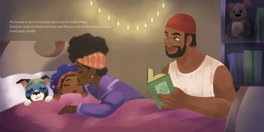 An illustration from Bedtime Bonnet shows a mother and father tucking their daughter in for bed.