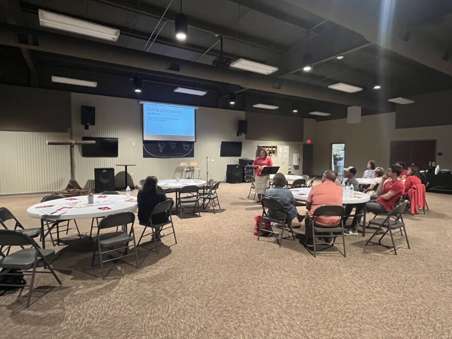 LifeWise Eureka Director Leah Walder gives a short informational presentation to a few interested parents about the during-school-hours Bible class program in the recreational room