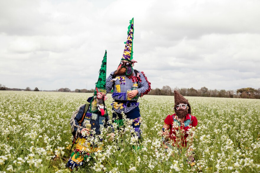 Masked Mardi Gras revelers in a field.