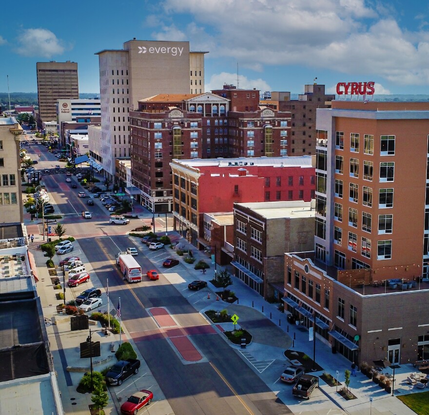 A photo of downtown Topeka, Kansas from an elevated position looking north on South Kansas Avenue 