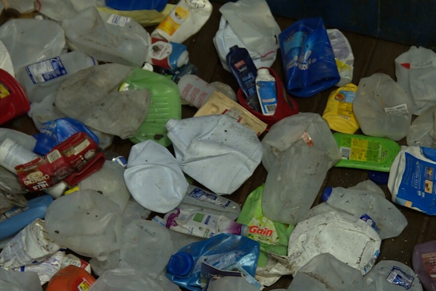 Plastic on a conveyor belt waits to be sorted at Rumpke's material recovery facility in Cincinnati, Ohio.