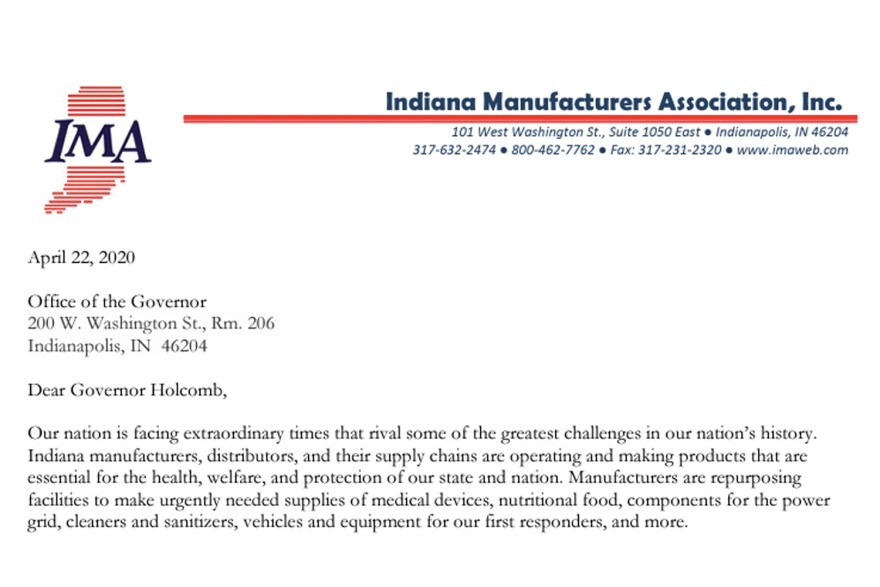 The letter the Indiana Manufacturers Association sent Gov. Eric Holcomb on April 22.