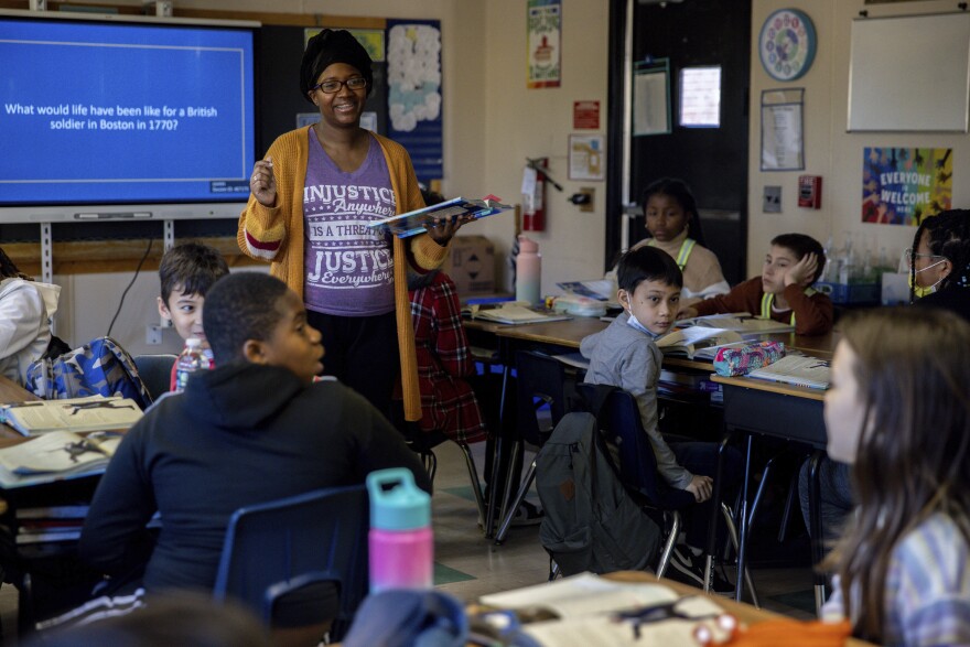 Ladawn Williams teaches fifth graders history at Whitehall Elementary School, Tuesday, Jan. 24, 2023, in Bowie, Md. (AP Photo/Julia Nikhinson)