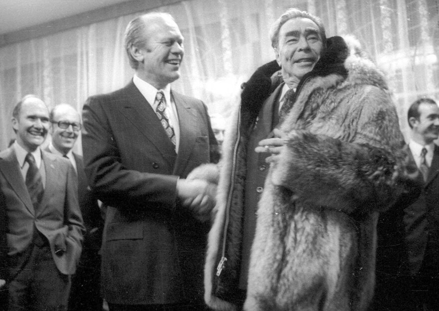 President Gerald Ford shakes hands with Soviet leader Leonid Brezhnev on Nov. 24, 1974, in a meeting in the Soviet city of Vladivostok. Several weeks later, Ford signed a law that would place restrictions on Soviet trade with the U.S. for nearly four decades.