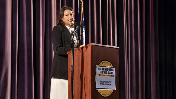 State Rep. Maureen Bauer (D-South Bend) discusses redistricting efforts during an October 25 town hall in South Bend.