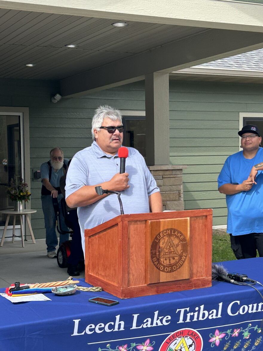Leech Lake Tribal Council District 2 Representative Steve White speaks at the Bena shelter ribbon-cutting on Aug. 26, 2026.