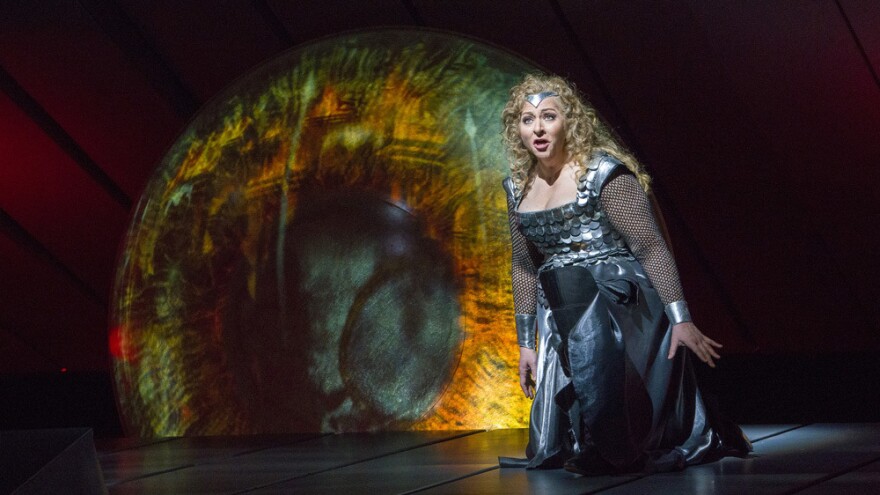 Soprano Christine Goerke, as Brünnhilde the Valkyrie warrior, at a dress rehearsal for Wagner's <em>Die Walküre</em> at New York's Metropolitan Opera.