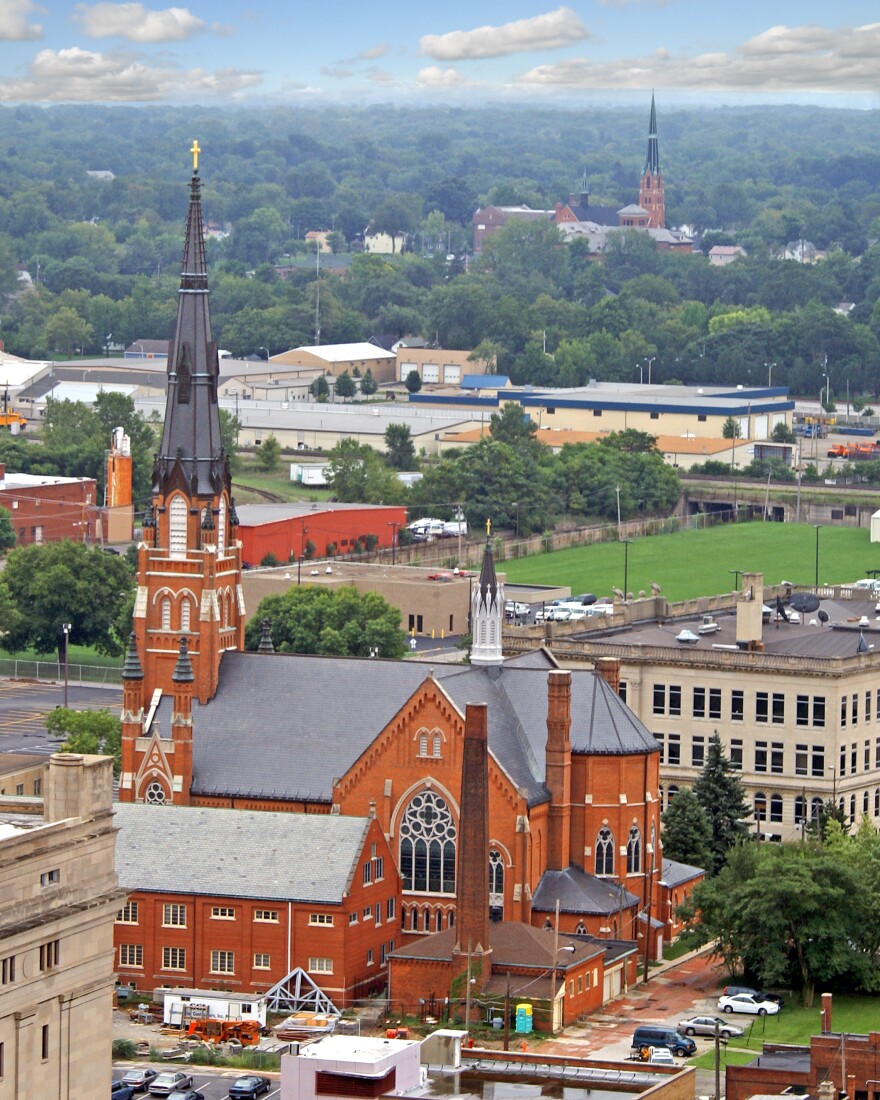 Steeples dominate the skyline of Fort Wayne, Ind. Here's an aerial view of downtown.