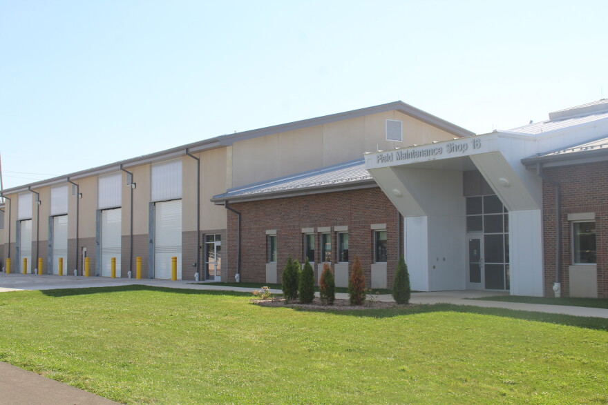 The exterior of a newly-built maintenance shop that services U.S. military vehicles. 