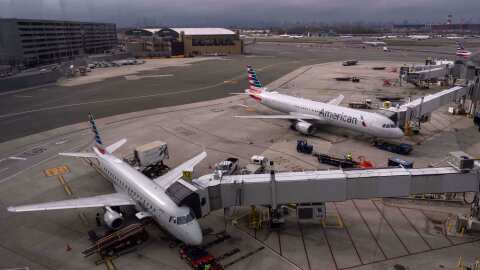 American Eagle and American Airlines planes sit at gates at LaGuardia Airport (LGA), in the Queens borough of New York, Sunday, Nov. 9, 2025. (AP Photo/Adam Gray)