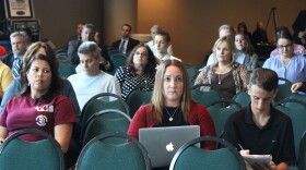 Parents and friends of the victims from the Marjory Stoneman Douglas shooting sit in the MSD Public Safety Commission, which met Tuesday at the BB&T Center in Sunrise.
