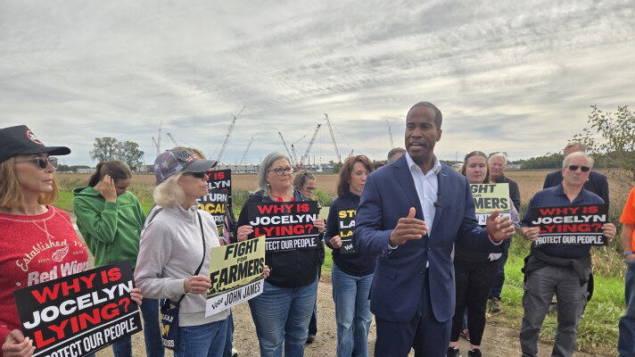 Republican gubernatorial candidate John James speaks outside the site of a planned data center in Saline Township on October 2, 2026.