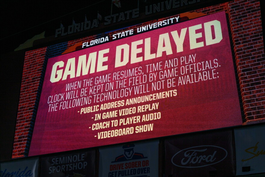 Florida State's scoreboard shows a delay message due to a blackout before an NCAA college football game against SMU, Monday, Sept. 7, 2026, in Tallahassee