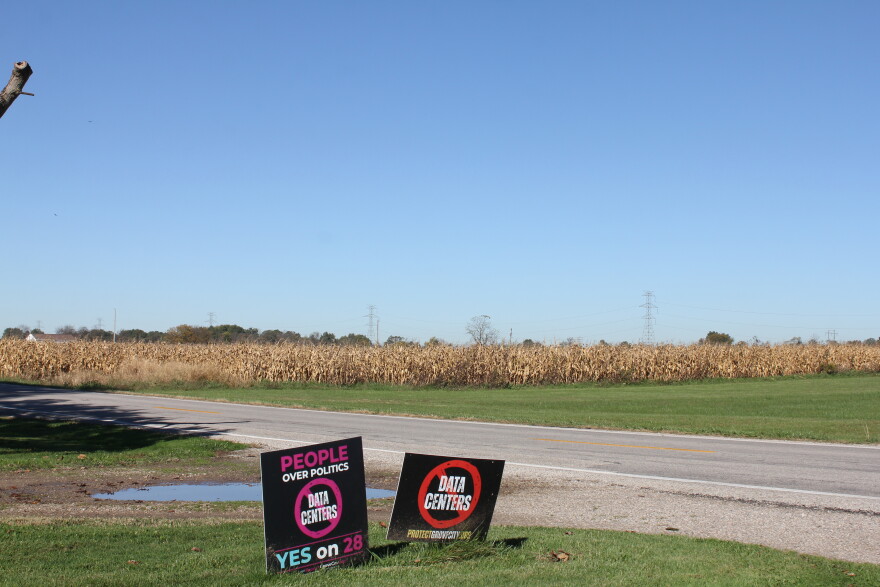 Protect Grove City signs across from the site that Headwaters is seeking to develop into a data center campus of at least six warehouses of servers.