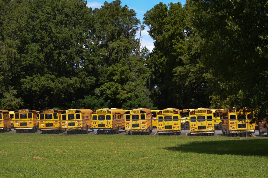  School buses parked in a lot. 
