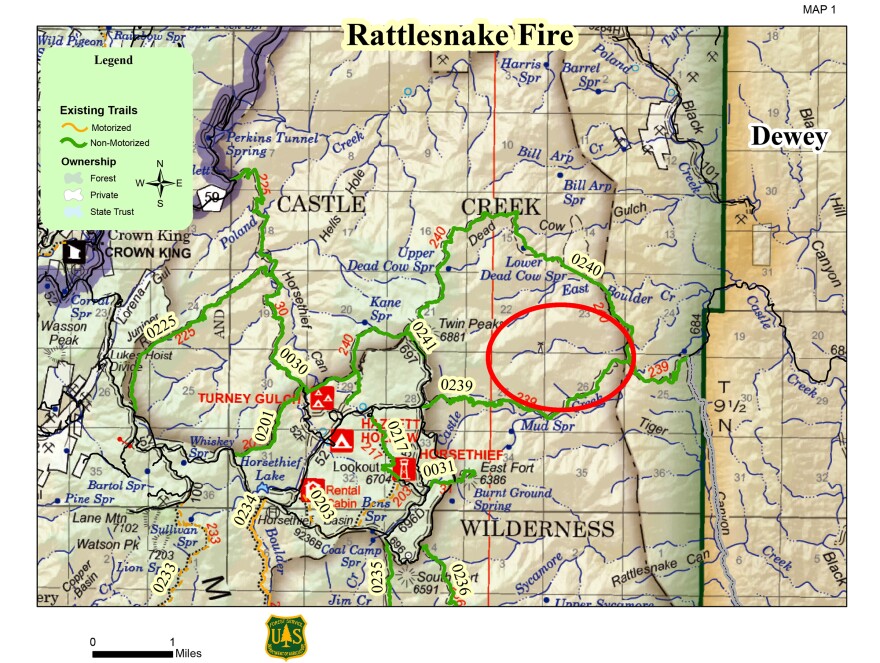Officials released a map of the Rattlesnake Fire Tuesday. First spotted Sunday, the lightening-caused fire has burned about 3,200 acres.