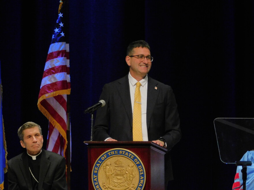 The swearing-in ceremony of Gov. Matt Meyer and Lt. Gov. Kyle Evans Gay on Tuesday in Delaware State University's DeLauder Education and Humanities Theatre in Dover, Del.