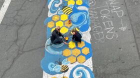 A decorated crosswalk at Greenfield's Bee Festival