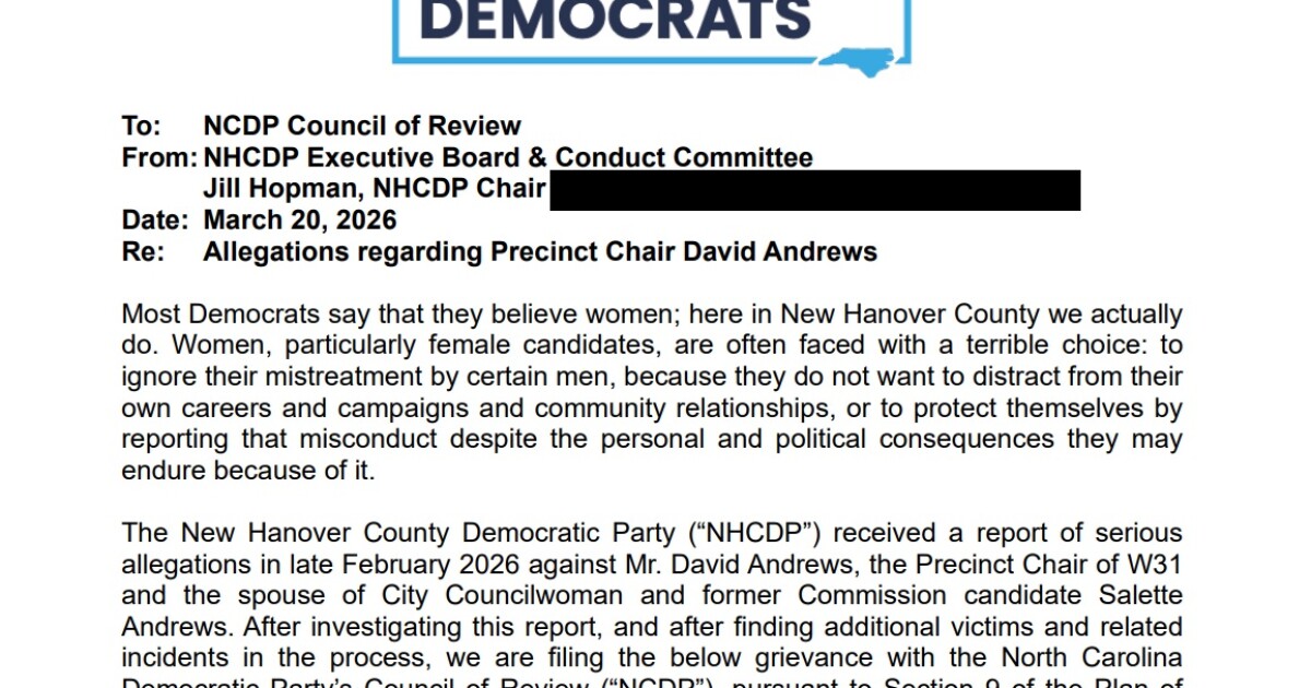 New Hanover County Democratic Party alleges sexual harassment, misconduct by precinct chair