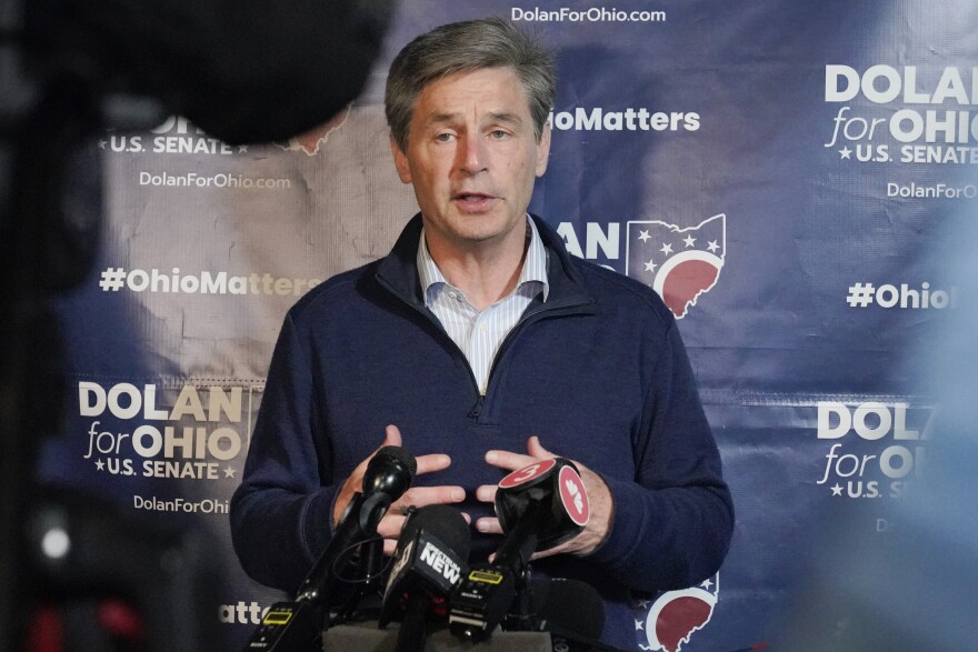 Republican U.S. Senate candidate Matt Dolan speaks to supporters during his primary election returns gathering, May 3, 2022, in Independence, Ohio. Ohio's Republican Gov. Mike DeWine parted ways with Donald Trump on Monday, March 11, 2024, and endorsed Dolan over Trump-backed businessman Bernie Moreno in the state's three-way GOP primary for a U.S. Senate seat.