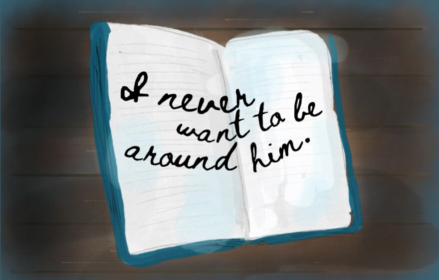 Illustration of open journal page that reads "I never want to be around him."