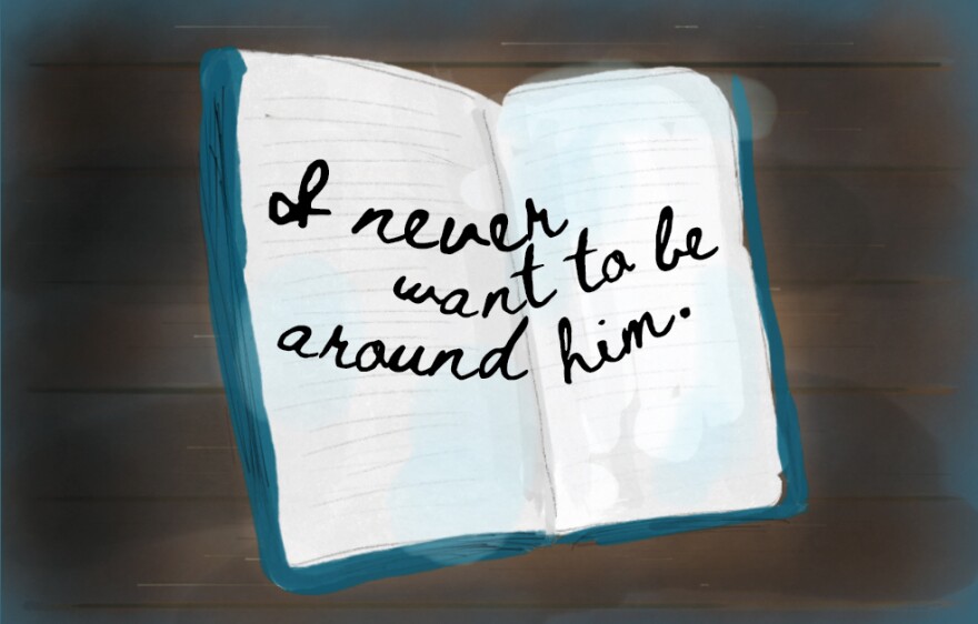 Illustration of open journal page that reads "I never want to be around him."