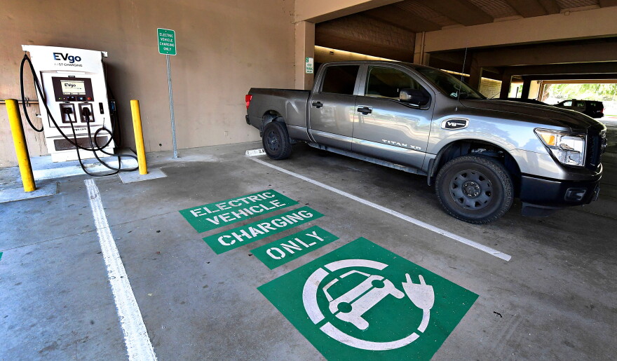 A space remains open for an electric vehicle at a EV charging station in Monterey Park, California on May 18, 2021. (Photo by Frederic J. BROWN / AFP) (Photo by FREDERIC J. BROWN/AFP via Getty Images)