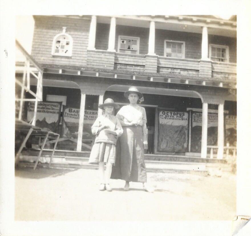 A snapshot of Lotteva and Maud in front of one of their traveling museum displays found in their farmhouse near Cedar Point, Kansas. A small group of photographs were donated to the Lyon County History Center and Museum in Emporia, Kansas.