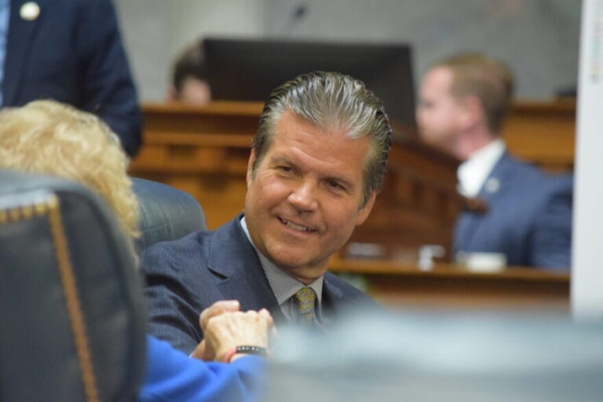 Sen. Ryan Mishler, R-Mishawaka, talks with colleagues in the Indiana Senate chamber on Dec. 11, 2025.