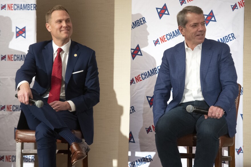 Nebraska Republican candidates for governor Brett Lindstrom, left, and Jim Pillen attend a candidate forum Feb. 3, 2022, in Lincoln, Neb. Not pictured is Charles Herbster, who has been endorsed by former President Donald Trump.