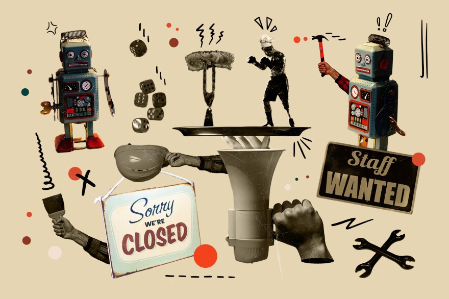  A collage of labor-related items, like signs, tools, and hands