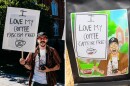 A person holds a sign that says, "I love my coffee fascism free!" Next to the photo is a cartoon version of the person, now holding a sign that says, "I love my coffee caffeine free!"