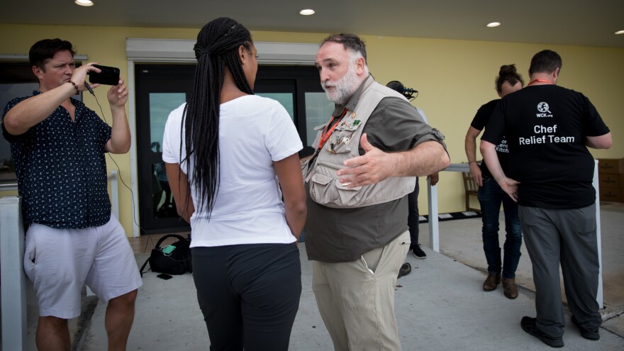 Chef José Andrés is interviewed by ABC News' Stephanie Wash before he leaves for his first mission to deliver food to stranded Bahamians who survived Hurricane Dorian.