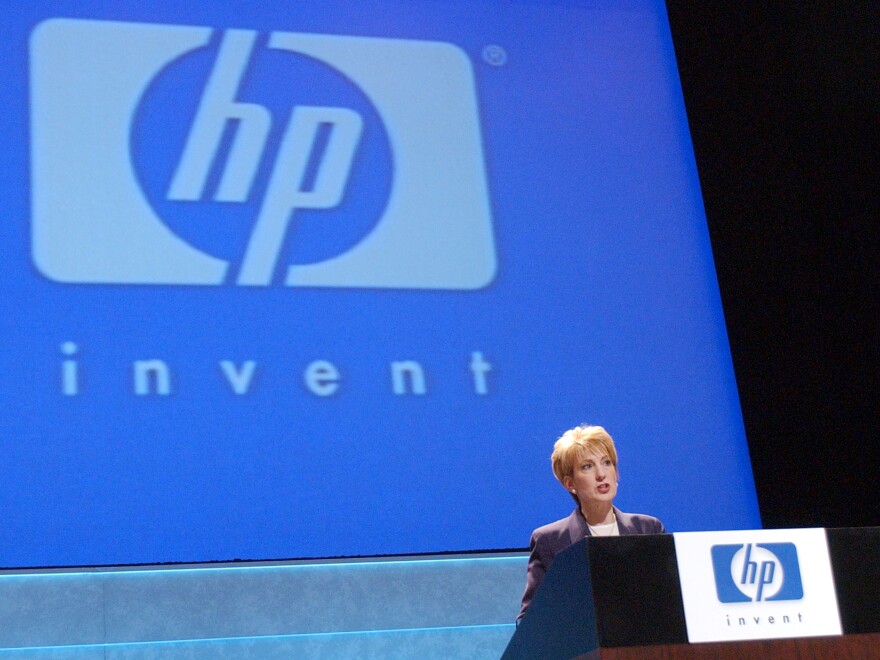 Then-Hewlett Packard CEO Carly Fiorina speaks after HP shareholders voted about whether to merge with Compaq Computer on March 19, 2002, in Cupertino, Calif.